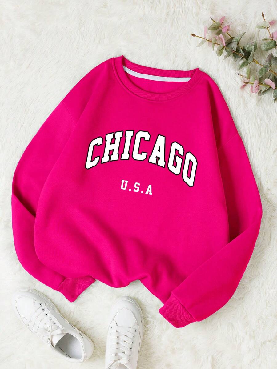 SHEIN EZwear 字母圖案加絨內裏運動衫 - 玫紅色 - 查看 1