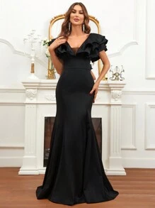 SHEIN Belle 荷葉邊魚尾裙下擺正式洋裝 - 黑色 - 查看 4