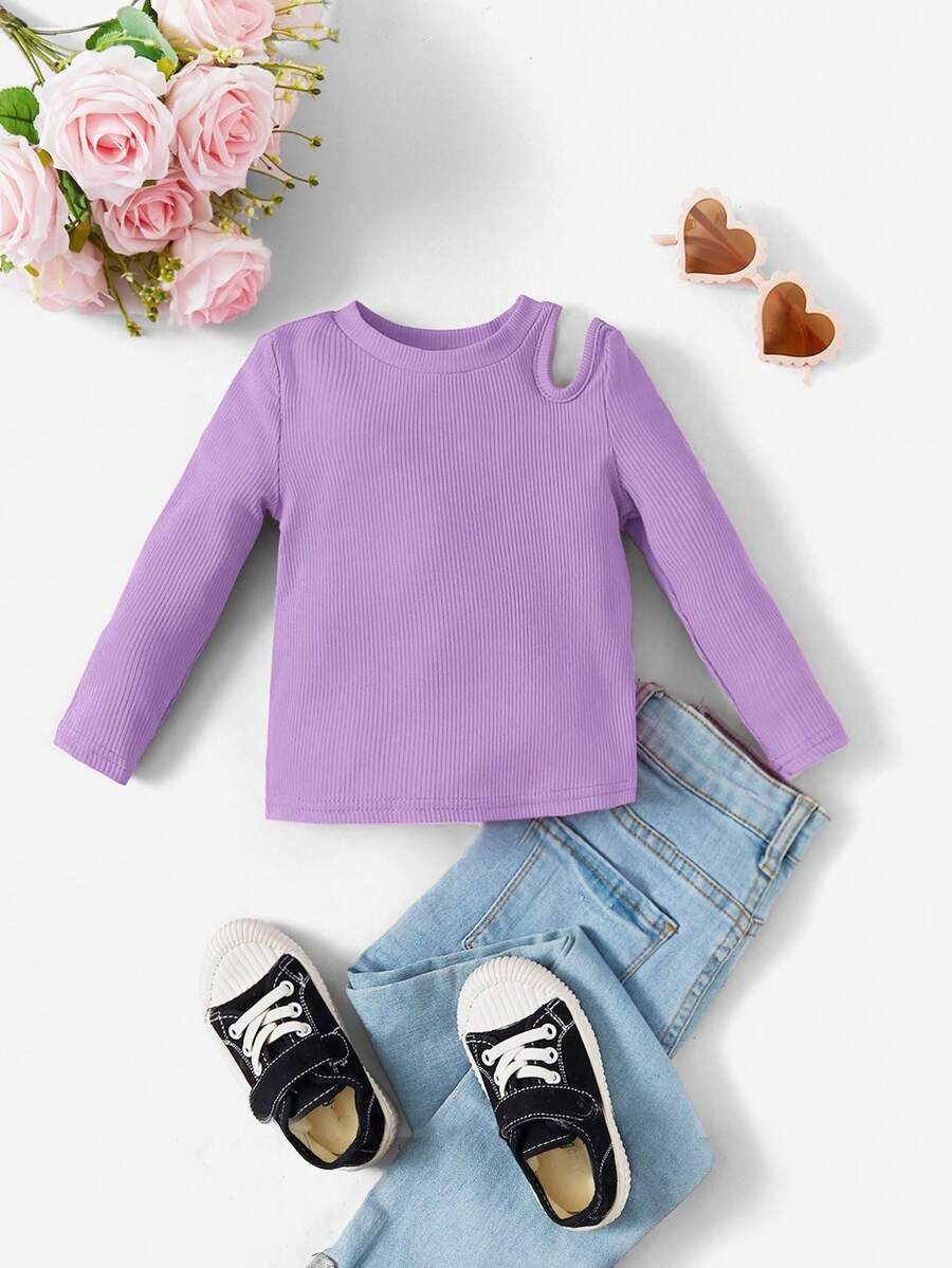 SHEIN Baby Girl Cut Out Shoulder Ribbed Knit Tee - Purple - View 1
