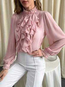 SHEIN Privé Frill Neck Ruffle Trim Lantern Sleeve Blouse - Pink - View 2