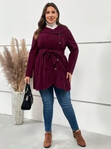 EMERY ROSE Talla grande Abrigo doblado cuello con botón delantero con cinturón - Rojo violeta - Ver 3