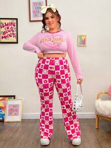 SHEIN EZwear Plus Checker & Heart Print Flare Leg Pants - Multicolor - View 3