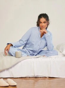 LUVLETTE Autumn And Winter Soft Sky Blue 100% Pure Cotton Basic Shawl Collar Long Pajama Set For Women Lounge Sets For Women Pants With Pockets Fall Pajamas Clothes