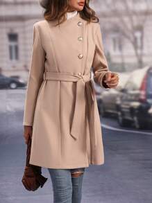 SHEIN LUNE Solid Button Front Belted Overcoat - Khaki - View 1