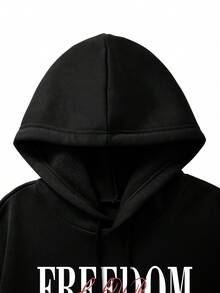 Men Plus Slogan & Cartoon Graphic Kangaroo Pocket Drawstring Thermal Hoodie - Black - View 3