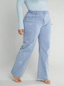 大碼高腰牛仔喇叭褲 - 淺色水洗藍 - 查看 4