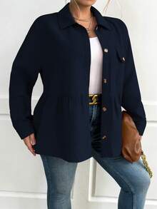 Calvaya Plus Flap Pocket Drop Shoulder Peplum Coat - Navy Blue - View 5