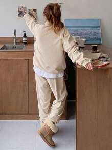 DAZY Half Zip Kangaroo Pocket Drop Shoulder Sweatshirt Without Tee - Apricot - View 2