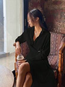 DAZY 素色圍裹襯衫連衣裙 - 黑色 - 查看 4