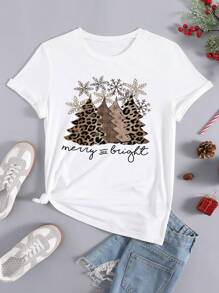 SHEIN LUNE 圣诞印花 T 恤 图案 T 恤 女式上衣 - 白色 - 查看 1