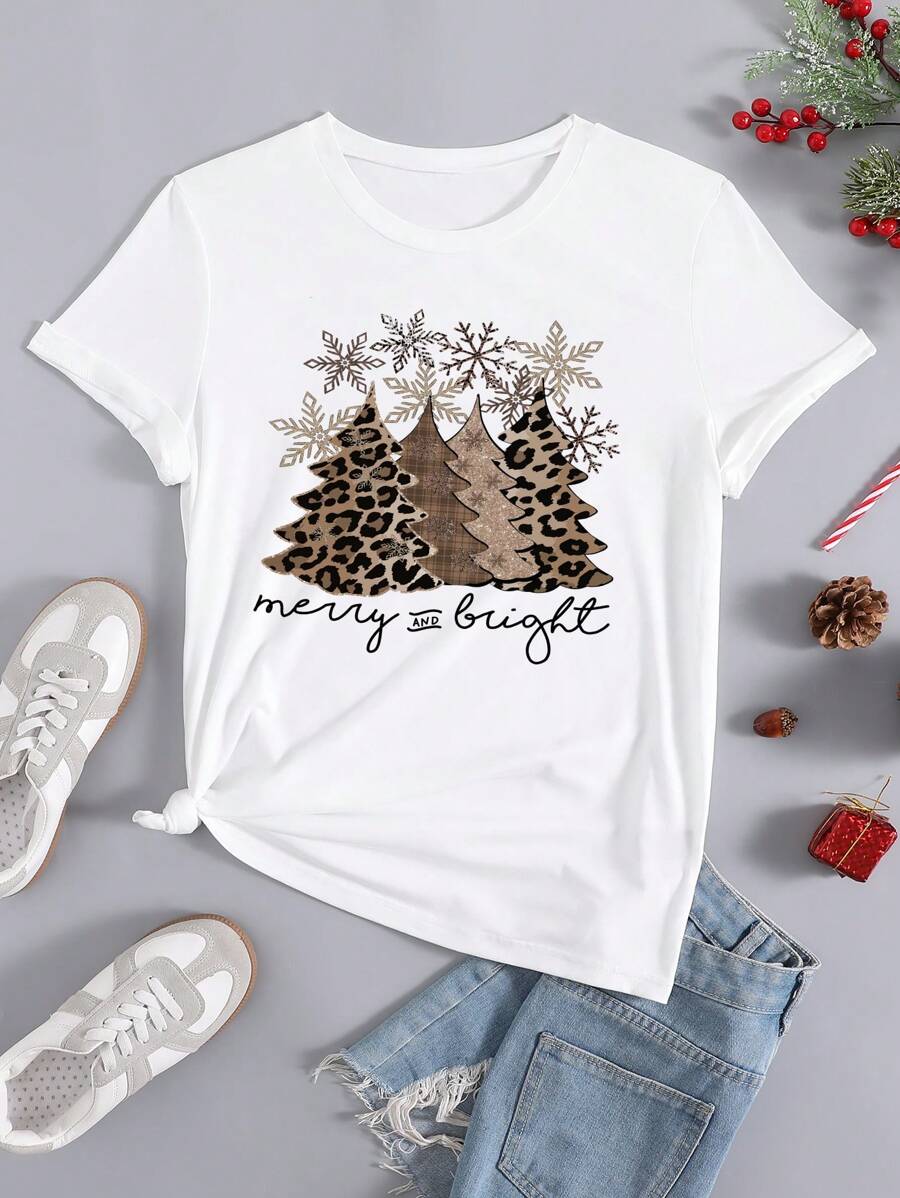 SHEIN LUNE 圣诞印花 T 恤 图案 T 恤 女式上衣 - 白色 - 查看 1