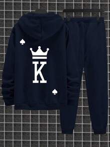 Manfinity Homme Men Plus Letter Graphic Drawstring Hoodie & Sweatpants - Navy Blue - View 1