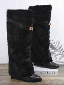 SHUZIA Fuzzy Panel Buckle Decor Boots - Black - View 2