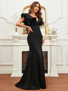 SHEIN Belle 荷葉邊魚尾裙下擺正式洋裝 - 黑色 - 查看 6