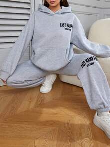 字母图案袋鼠口袋连帽衫和运动裤 春季款 - 灰色 - 查看 5