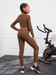 SHEIN Tween Girl Solid Crop Sports Tee & Leggings - Multicolor - View 2