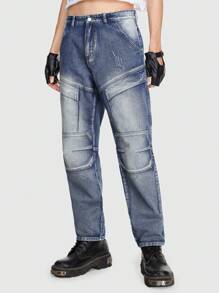 ROMWE MEN Grunge Punk Guys Flap Pocket Side Cargo Jeans - Blue and White - View 1