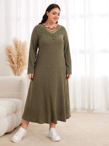 Lacomfia 大碼蕾絲拼接條紋針織洋裝 - 軍綠色 - 查看 5