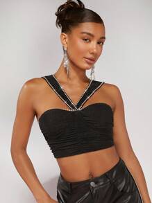 SHEIN BAE Detale z kamieniami szlachetnymi Pomarszczona Crop top - Czarne - Zobacz 5