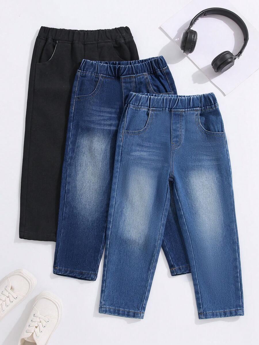 Young Boys 3 Packs Elastic Waist Slant Pocket Solid Jeans, School, Campus, College Summer Holiday - Multicolor - View 1