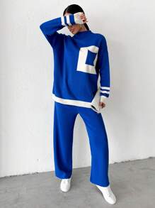 EURMUSE Pull À Blocs De Couleurs À Col Montant Épaule tombante & Pantalon En Tricot - Bleu azur - Voir 3
