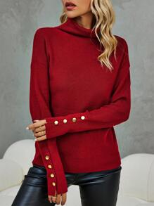 SHEIN Clasi 高領落肩袖紐扣細節套頭毛衣 - 酒紅色 - 查看 1