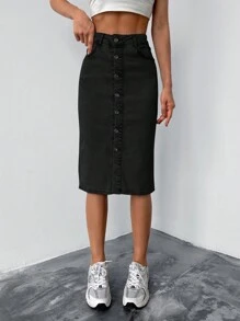 Cottnline Button Front Slant Pocket Button Up Pencil Skirt - Black - View 4