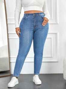 SHEIN Cottnline Plus Zipper Fly Skinny Jeans - Medium Wash - View 1