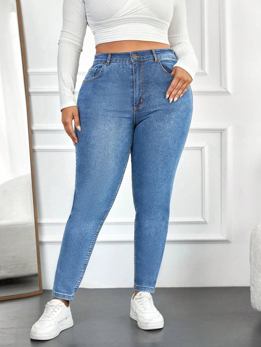 SHEIN Cottnline Plus Zipper Fly Skinny Jeans - Medium Wash - View 1