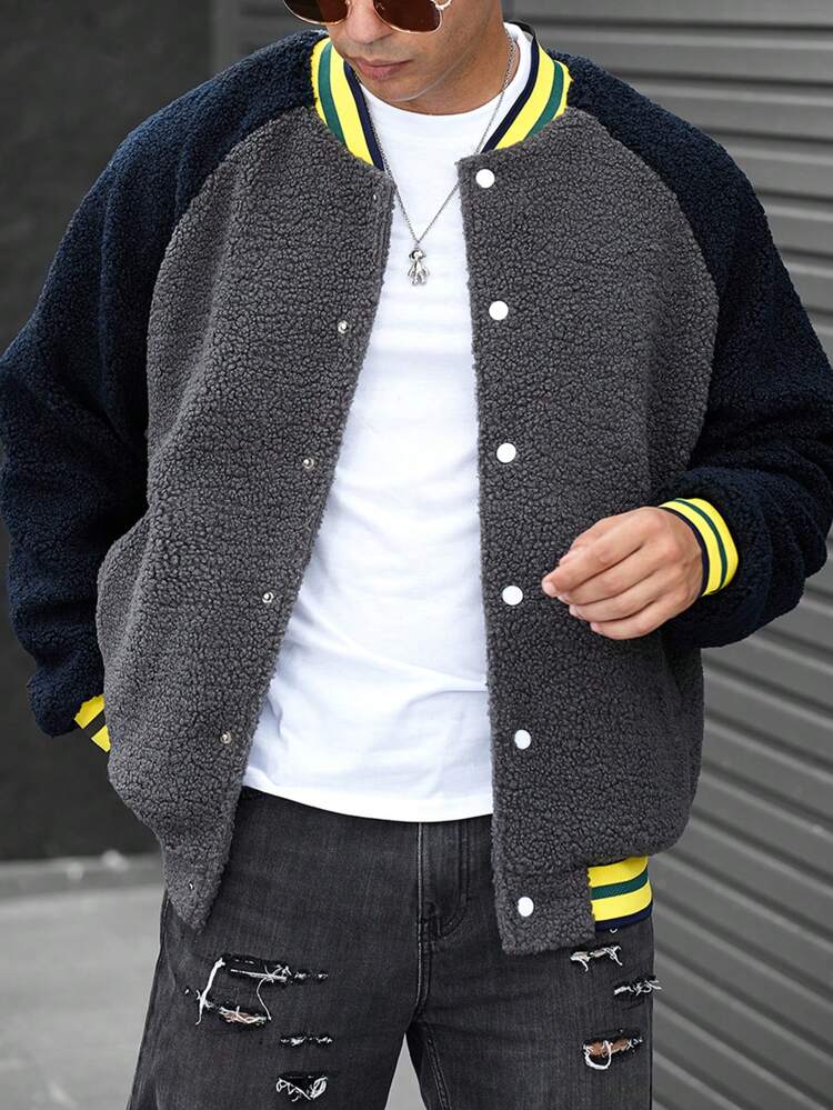 Loose Fit Men's Contrast Raglan Sleeve Striped Trim Teddy Bomber Jacket