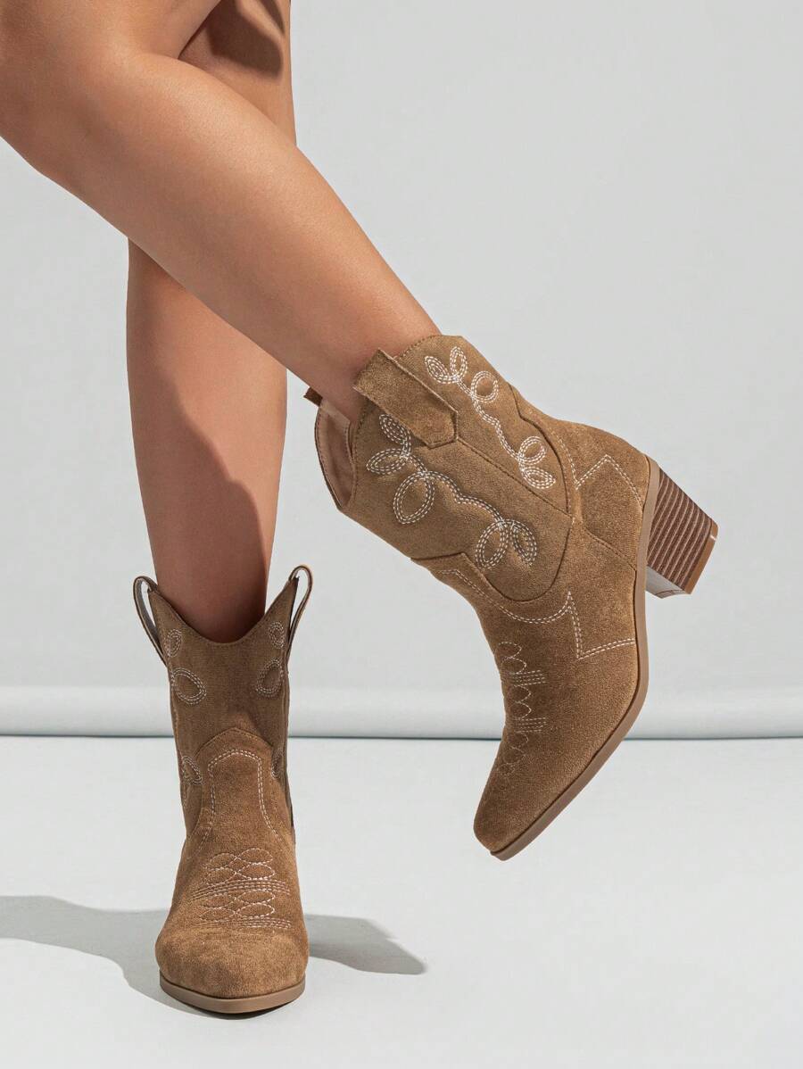 Của phụ nữ Gót chân Pointed Toe Phong cách phương Tây Thêu Da lộn Mắt cá chân Khởi động Đối với Mùa Thu /đông - màu nâu - Xem 1