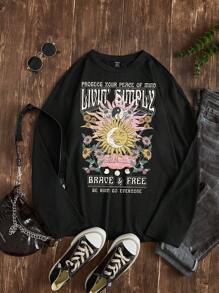 SHEIN LUNE Sun & Slogan Graphic Tee - Black - View 1