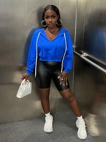 Slaydiva Slogan Graphic Drop Shoulder Drawstring Hoodie - Blue - View 4