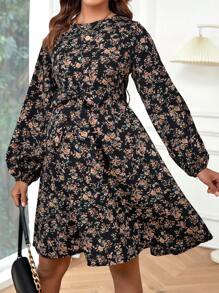 SHEIN 孕婦 小碎花印花燈籠袖束腰帶洋裝 - 彩色 - 查看 5