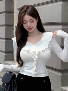 DAZY 素色荷葉邊修身T恤 - 白色 - 查看 3