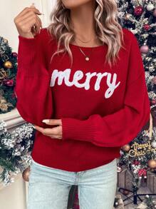 SHEIN LUNE 字母圖案落肩袖套頭毛衣 - 紅色 - 查看 5