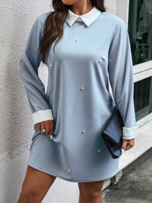 Celure Plus Pearls Beaded Contrast Collar Pearls Beaded Contrast Collar Dress - Baby Blue - View 1