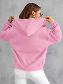 SHEIN Unity Dây kéo Thả vai Dây rút Lót nhiệt Hoodie - Hồng - Xem 2
