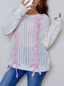 SHEIN Unity Plus Lace Up Front Drop Shoulder Sweater Knit Pullover Fall Winter Sweater - Multicolor - View 6