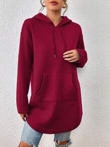 SHEIN Essnce Áo hoodie dây rút có túi Kangaroo - Màu Đỏ Sâu - Xem 3