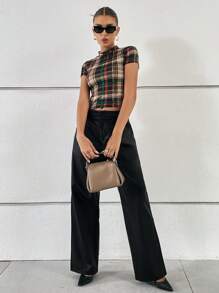 SHEIN Privé 小高領合身格子花呢tee - 彩色 - 查看 3