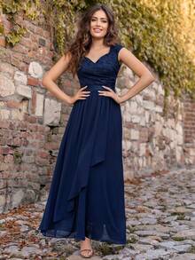 Ruffled Lace Bodycon Hem Evening Dress - Navy Blue - View 9