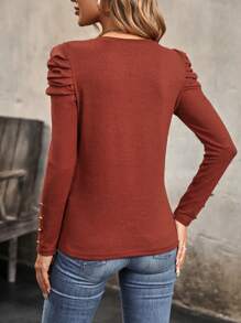 SHEIN Clasi Áo thun có nút tay áo xếp nếp chắc chắn - Màu Cam cháy - Xem 2
