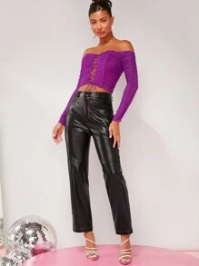 Hauture Off Shoulder Lace Up Ruched Crop Top - Purple - View 5