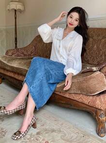 DAZY Pearls Beaded Lantern Sleeve Button Front Satin Blouse,Long Sleeve Tops,Fall Clothes - White - View 3