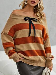 SHEIN LUNE Color Block Off Shoulder Knot Front Drop Shoulder Sweater