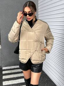 SHEIN Essnce Solid Asymmetrical Hem Padded Coat - Green - View 3