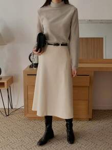 DAZY Women's Basic Thermal Lined Mock Neck Slim Fit Solid Color T-Shirt Fall,Winter Long Sleeve Top - Khaki - View 5