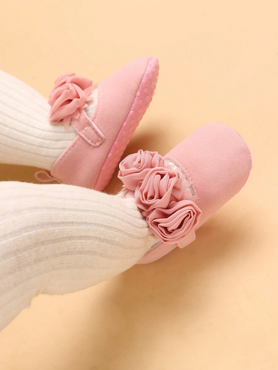 1 Pair Baby Girls' Floral Decor Soft Bottom Flat Shoes For Spring & Fall - Pink - View 1
