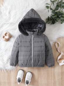 男童拉链毛绒装饰连帽棉服外套 - 灰色 - 查看 1